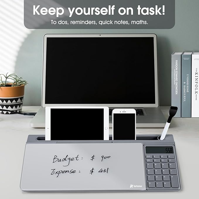 Varhomax Glass Desk Whiteboard Gray with Calculator, Desktop Organizer Dry Erase White Board with Storage, to Do List Memo Notepad for Home Office and School Supplies
