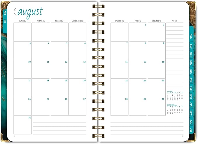HARDCOVER Academic Year 2025-2026 Planner: (June 2025 Through July 2026) 5.5"x8" Daily Weekly Monthly Planner Yearly Agenda. Bookmark, Pocket Folder and Sticky Note Set (Teal Gold Marble)