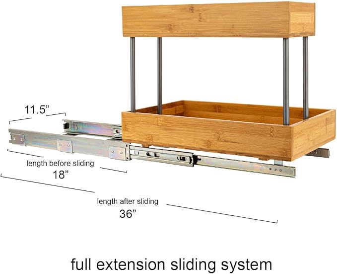 Household Essentials Glidez Steel and Bamboo Pull-Out/Slide-Out Storage Organizer for Under Sink or Cabinet Use - 2 -Tier Design - Fits Standard Size Cabinet or Shelf, Natural and Chrome