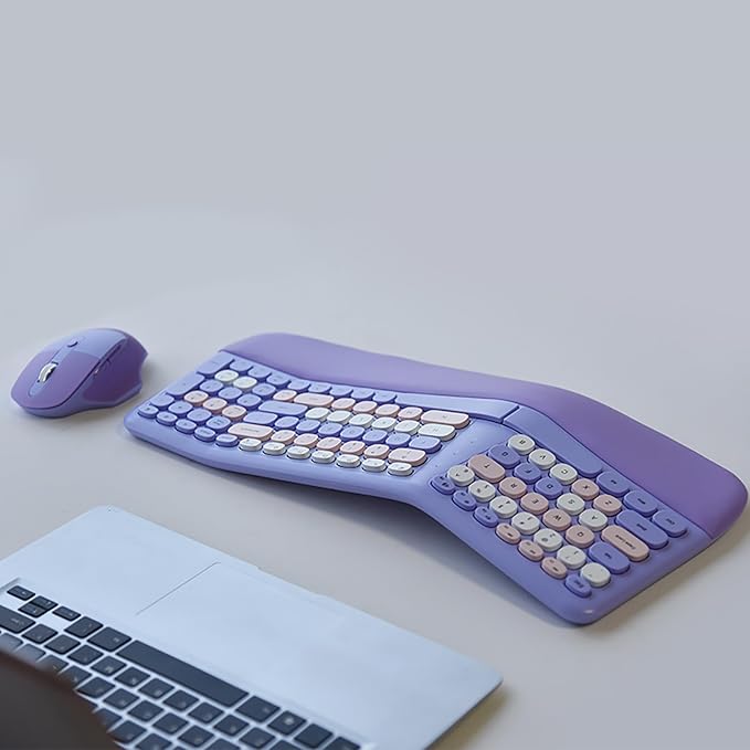 Wireless Ergonomic Keyboard and Mouse Combo with PU Wrist Rest, Carpal Tunnel Keyboard, 2.4G Colorful Split Ergo Keyboard, Comfortable Natural Typing, Compatible with PC/Laptop (Purple)