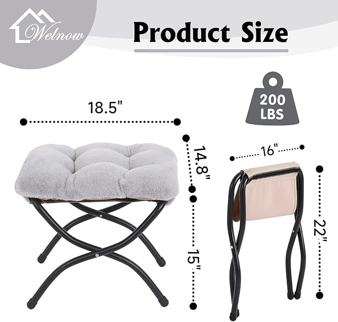 Welnow Folding Foot Stool, Upholstered Small Accent Ottoman with Detachable Thick Cotton Cushion Padded Sofa Stool and Metal Frame for Lazy Chair, Living Room, Bedroom, Plush Grey