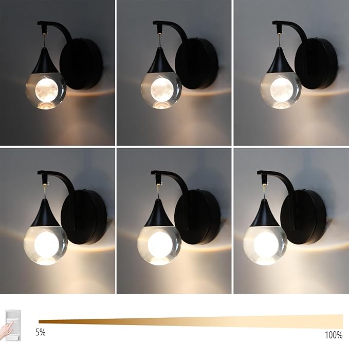 Modern Wall Sconces, Moon Crystal Wall Sconce Indoor, 5W Dimmable LED Sconce Wall Lighting for Bedroom Bedside Bathroom Living Room Hallway Staircase, Black