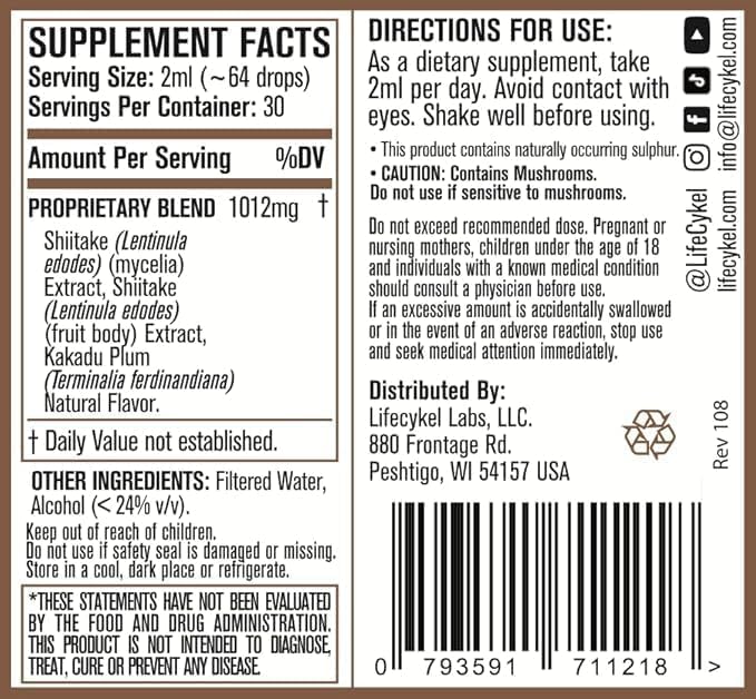 Lifecykel - Shiitake Mushroom Extract with Kakadu Plum - Advance Organic Mushroom Supplement for Hair, Nail and Skin - Potent Vitamin C Immune Boost for Adults - 4 Fl Oz