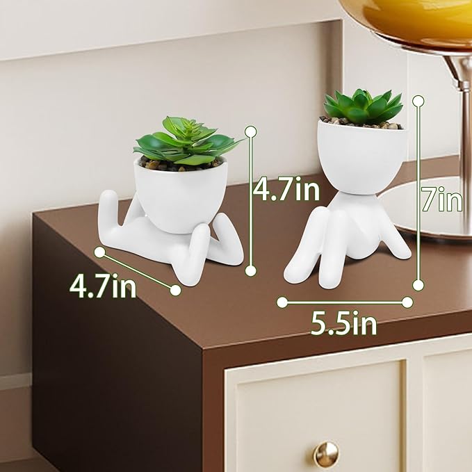 Zerzsy 2 PCS Small Fake Plants with Human-Shaped Pots Funny Room Decor Faux Plants Cute Desk Decor Fake Succulents Mini Plant Bathroom Decorations (Ceramic White)