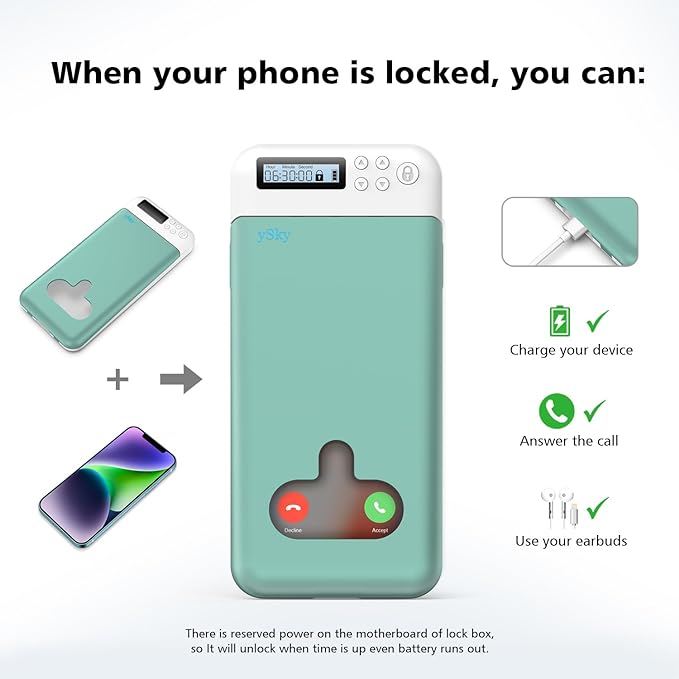 ySky Timed Lock Box, Portable Phone Locker with Self-Control Timer for iPhone, Android, Helping Kids, Students, Adults Focus Back, Mobile Phone Addiction Control (Green)
