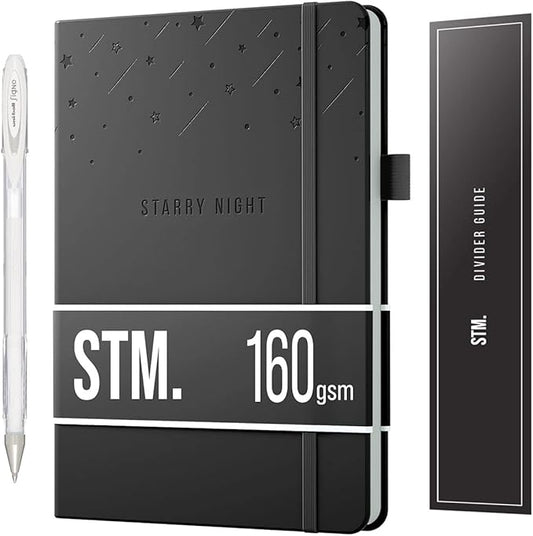 Black Paper Bullet Dotted Journal Notebook | A5 Starry Night by Scribbles That Matter | Free white gel pen | 160gsm Blackout no-bleed dot grid paper | For Men and Women | 5.75 x 8.5 in | Black