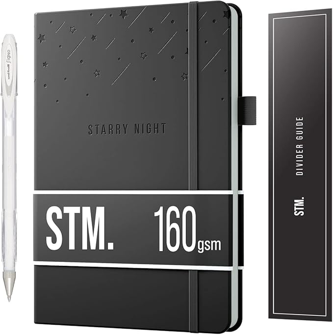 Black Paper Bullet Dotted Journal Notebook | B5 Starry Night by Scribbles That Matter | Free white gel pen | 160gsm Blackout no-bleed dot grid paper | For Men and Women | 7 x 10 in | Black