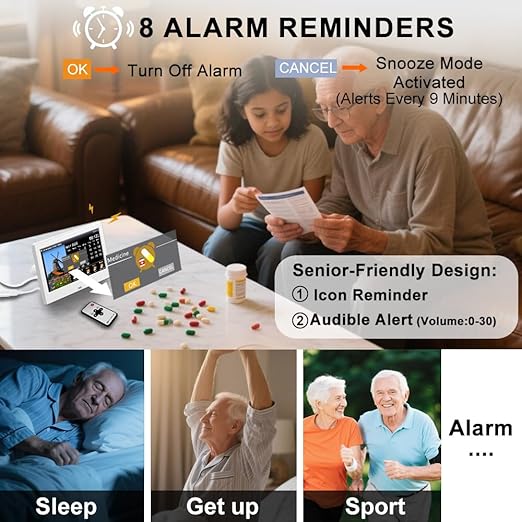 2025 New Digital Clock with Temperature/Humidity & Weather Forecast, Auto Time Sync Large Display, Custom Alarms & Medication Reminders, Ideal for Elderly(White, 7-Inch)