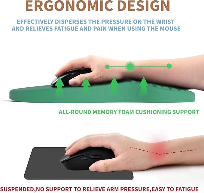 Ergonomic Mouse Pad Wrist Support with Massage Design, Pain Relief Mousepad with Wrist Rest, Memory Foam & Non-Slip PU Base, Computer Mouse Pads for Desk, Office & Home（Medium Green）
