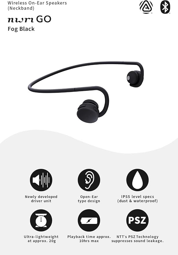 nwm GO Wireless On-Ear Speakers (Open Ear Earphones) Sound Leakage suppressed (PSZ Technology - Bone Conduction Alternative) Designed in Japan | Fog Black