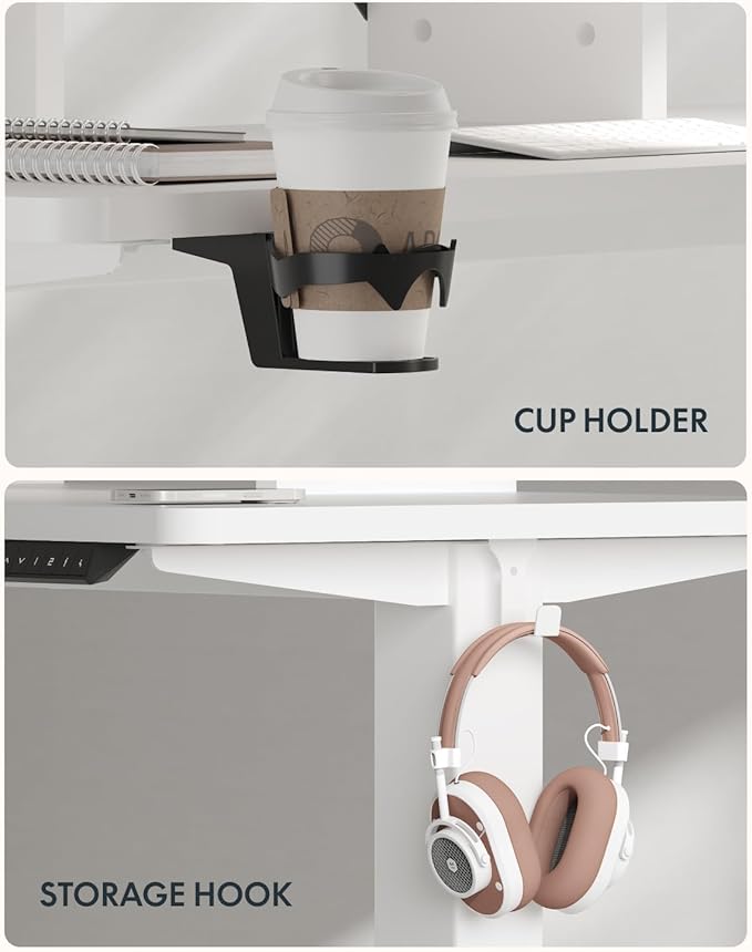 FLEXISPOT Standing Desk with Monitor Stand, 55 x 24 Inches One-Piece Electric Height Adjustable Computer Desk with Cup Holder, Home Office Desks (White Frame+ White Top)