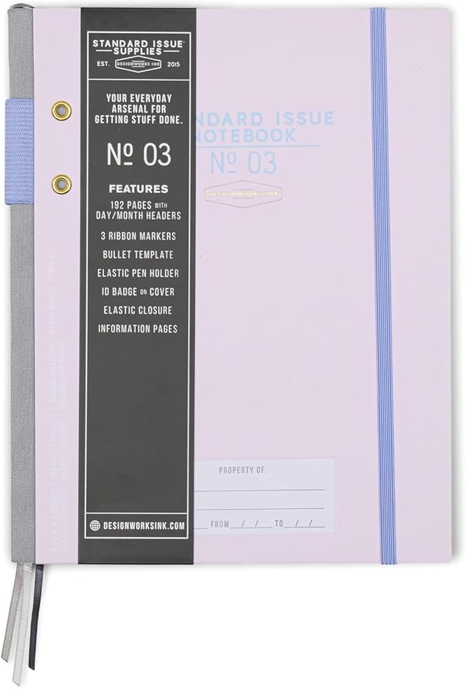 DesignWorks Ink Standard Issue Notebook No. 3 – 6.75" x 8.5" Undated Daily Planner & Writing Journal, 192 Lined Pages, Pen Holder, Small Notebook for Work & Journaling - Lavender & Periwinkle