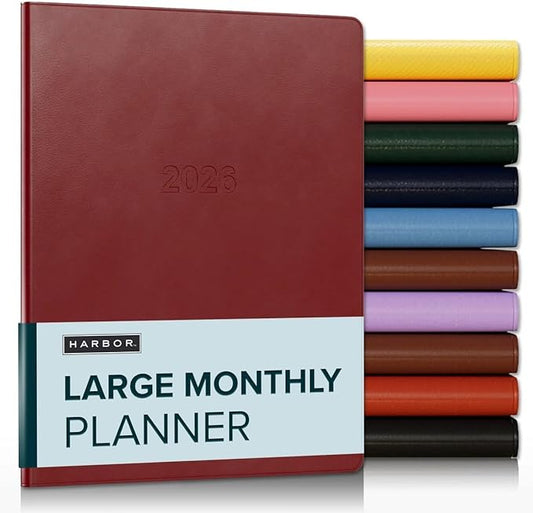 Harbor Large Monthly Planner 2025-2026, Calendar Planner and Notebook, Durable Faux Leather, 14 Months, 96 Pages, Softcover & Lightweight - Cambridge Red - 9.75x7.5"