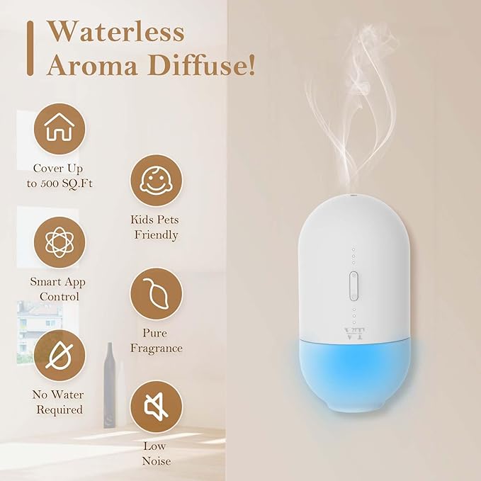 Essential Oils Diffuser Waterless Scent Diffuser, Smart APP Bluetooth Control,Wall Mounted, with Fragrance Oil, Cover Up to 500 SQ.FT for Room Home and Office, Quiet and Safe, White
