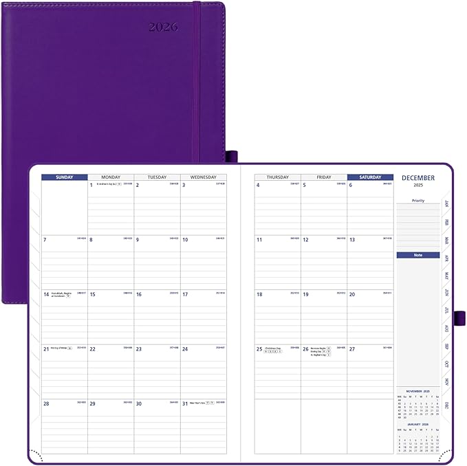 POPRUN Monthly Planner 2026-2027 (Large-8.25'' x 11.75''), 16 Months Calendaer (Dec 2025-Mar 2027) Appointment Book with Stair Tabs, Inner Pockets, Pen Holder, PU Leather Softcover - Purple