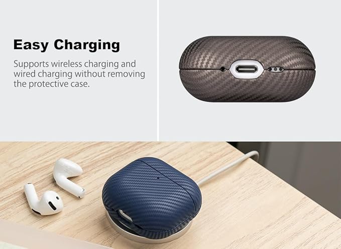 Leather Case for AirPods 4 / AirPods 4 with Active Noise Cancellation Case Cover - Selected Skin-Friendly Leather, Carbon Fibre Texture, Handmade Drop Protective Hard Cover - Desert Titanium