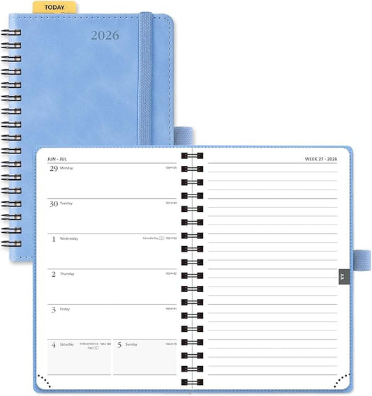 POPRUN 2026 Planner Weekly Notebook (Jan-Dec), Small Size 4''x 6.25'' - 2026 Pocket Calendar for Purse with Spiral Soft Cover, Plastic Ruler, Inner Pocket, 100 GSM TJ - Cerulean Blue