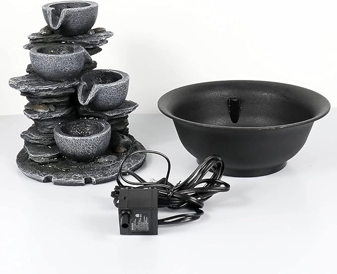 10.6” High Cascading Tabletop Fountain w/LED Light - 4-Tier Bowls Rock Water Fountains Indoor Small Relaxation Waterfall Feature for Home, Office and End Table Decoration (10.6" high, Gray)