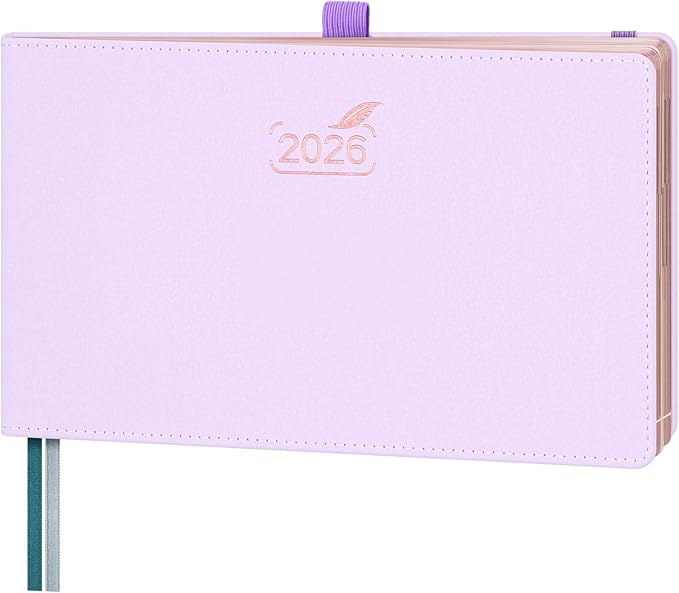 BEZEND 2026 Planner Weekly and Monthly (9" x 5.5") Horizontal Calendar Book with Vertical Hourly Timeslots & Note (Jan-Dec) Pen Holder, Inner Pocket, Casebound Vegan Leather Hardcover - Lilac