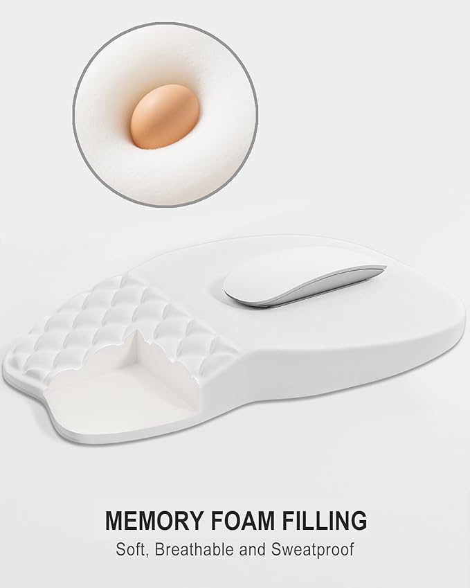 Auhoahsil Ergonomic Mouse Pad with Wrist Rest, Comfortable Slope Computer Mouse Mat with Wrist Support, Memory Foam Filling, Non-Slip Silicone Base, Pain Relief, for Gaming & Work, 8 x 12 in, White