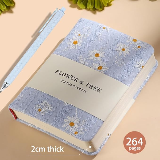 Daisy Gifts for Women, A6 Pocket Notebook, Floral Fabric Journal, 4x6 Lined Notebook & Blank Sketchbook, Cute Small Notebook, Daisy Floret Blue Journal, Gift for Girls.
