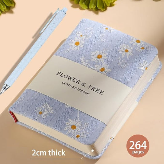 Daisy Gifts for Women, A6 Pocket Notebook, Floral Fabric Journal, 4x6 Lined Notebook & Blank Sketchbook, Cute Small Notebook, Daisy Floret Blue Journal, Gift for Girls.