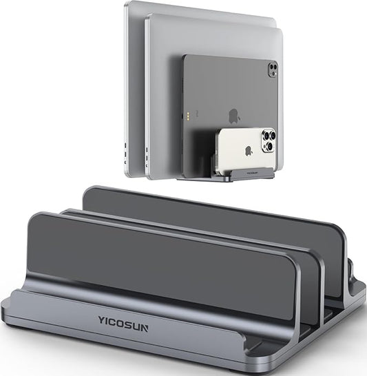 4-Slot Aluminum Vertical Laptop Stand for Desk - Adjustable Width Dock for MacBook, Surface, Samsung, HP, Dell up to 17.3 inches - Space-Saving & Protective Design - Gray