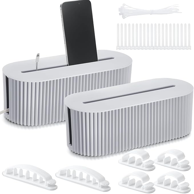 Marsui 2 Pcs Cable Management Box Cord Hider Organizer with 46 Pcs Cable Management Kit Wire Box for Power Strips Surge Protectors Desk TV Computer Wires Home Office(Gray)