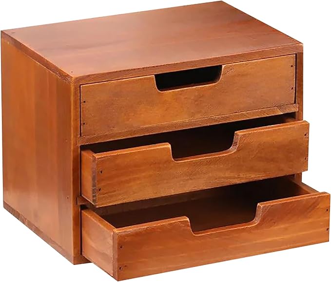 Triple Drawer Desktop Storage Organizer in Modern Wood Design (9.8”x6.9”x 7.5”) 3-Drawer Stackable Drawer Unit - Vanity Accessories Organizer (1-Pack)