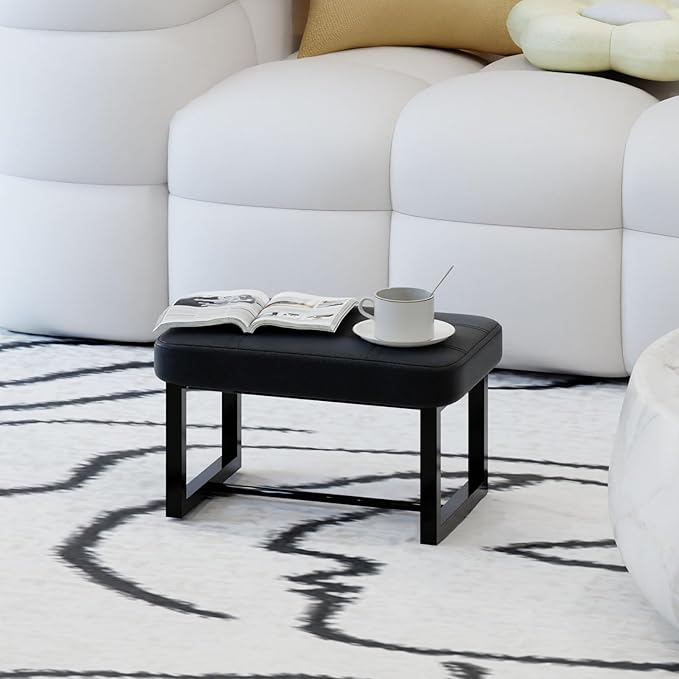 Small Ottoman，Foot Rest Stool,Leather Step Stool for Under Desk,Rectangular Shoe Seat for Living Room, Bedroom and Kitchen, Couch, Entryway(Black) (Leather, 1)