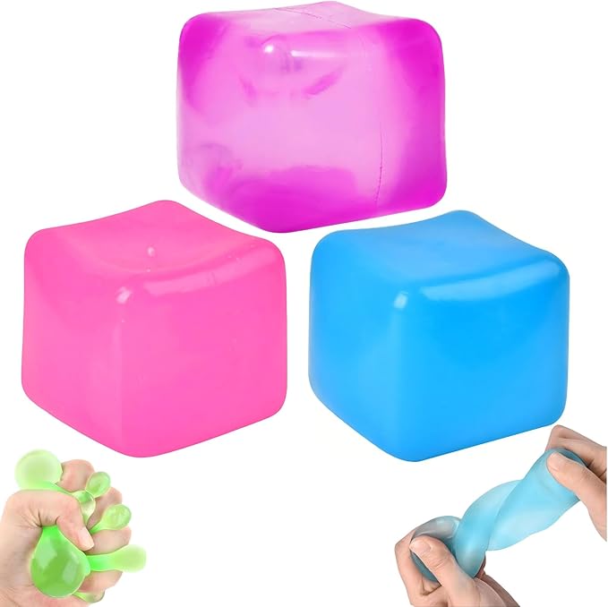 3Pcs Stress Cube Squishy Toys, Slow Rising Ice Cube Stress Balls, Sensory Fidget Toys for Anxiety Relief, Sensory Ice Nee Cube Gel Filled Squishy Ball Toys for ADD/ADHD Kids Adults(Blue, Purple, Pink)