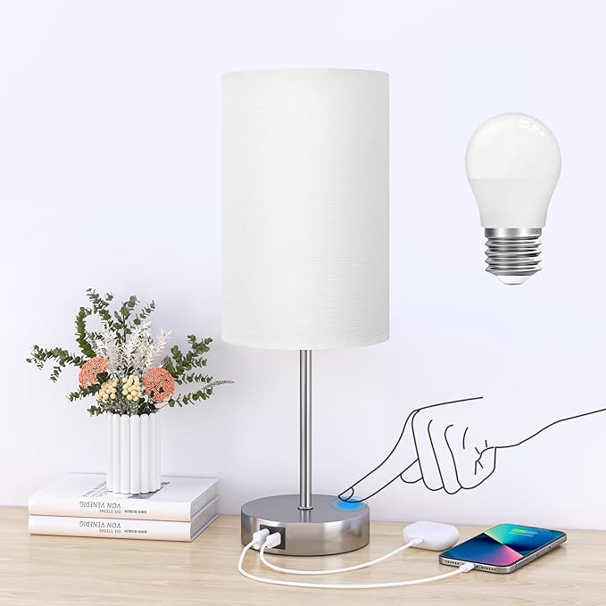 AKASUKI 18Inch Table Lamp with Dual Charging Station, 3 Way Dimmable Touch Lamp for Bedroom, Living Room, Office(LED Bulb Included)