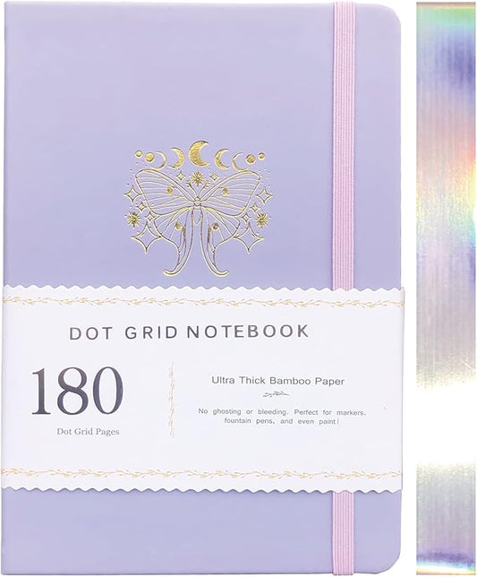 Dotted Notebook Journal 180GSM Bamboo Thick White Paper 160 Pages 5 * 5MM Dot Grid, Lay Flat Binding,Colored Silver Edges, Bookmarks and Expandable Back Pocket (BKP-5)