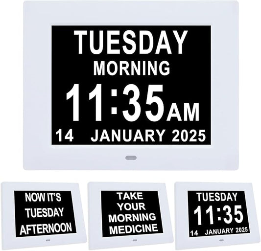 Digital Dementia Alarm Clock 8 inch Large Display, Electronic Calendar Clock with Day and Date for Elderly,3 Time Period Oversized Character Drug Reminders Clock for Dementia Elderly Patients