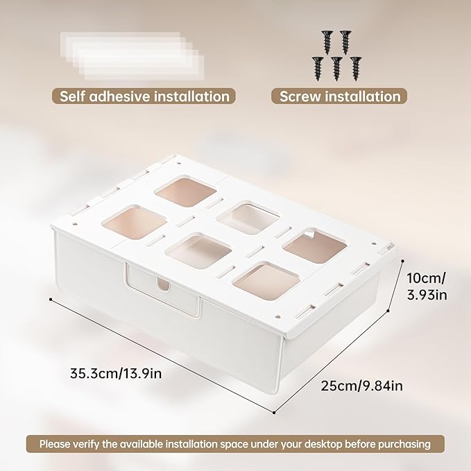 Under Desk Drawer Slide Out Hidden Under Table Storage, White Standing Under Desk Drawers Attachment with 2 Installation Methods (Screw/Adhesive), Large Under Cabinet Drawer for Office/Home