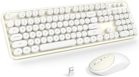 MOFII Wireless Keyboard and Mouse Combo, Computer Full Size 2.4G Plug and Play Wireless Typewriter Retro Round Keyboard and Mouse Set for Windows, Computer, Desktop, PC, Notebook - (Off White)