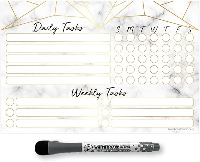Dry Erase Whiteboard Task Planner | Removeable and Restickable Adhesive Decal | Fine-Tip Magnetic Marker Included (6 x 9 inches, Marble)