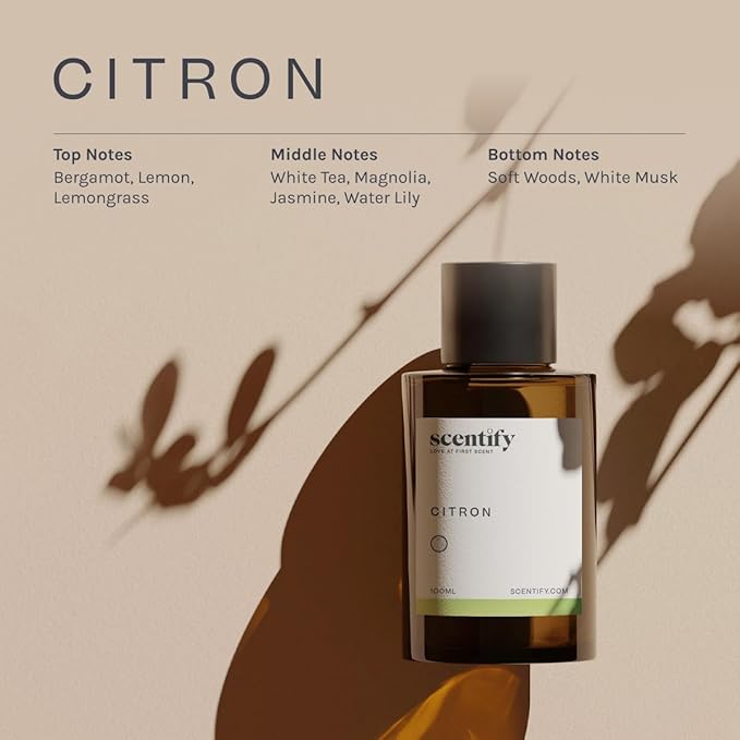 Scentify Citron Aroma Oil Refill Scent for Oil Diffusers - Lemon, Jasmine, Musk, Woods Scents - Luxurious Relaxing Aromatherapy Diffuser Fragrance 100ml, 3.38 oz