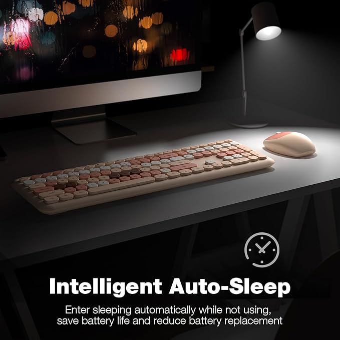 KNOWSQT Wireless Keyboard and Mouse Combo, Pale Milktea Full-Sized 2.4G Silent Keycap Colorful Keyboards, USB Dongle Plug Play, for Laptop, Windows, PC, Computer, Desktop