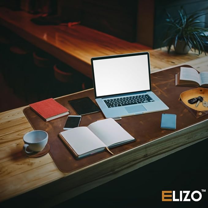 Elizo Real Leather Desk Mat Set (32x16) Large Desk Cover Desk Blotter Protector Computer Gaming Mouse Pad Table Laptop Office Desktop Accessories
