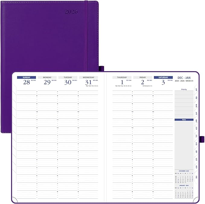 POPRUN 2026 Weekly Planner (A4 Size-8.25'' x 11.75''), 15-Minute Appointment Book (Jan 2026-Dec 2026) with Monthly Tabs, Inner Pockets, Pen Holder, PU Leather Softcover, 100GSM - Purple