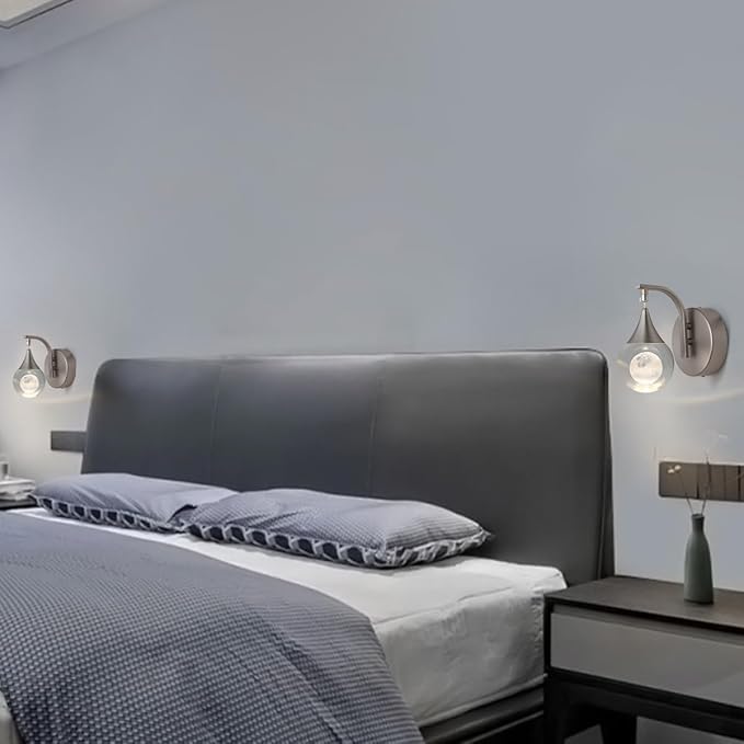 Crystal Wall Sconce, Moon Modern Wall Sconces Indoor, Dimmable LED Wall Light for Bedroom Bedside Batnroom Vanity Living Room Dining Room Hallway. Nickel