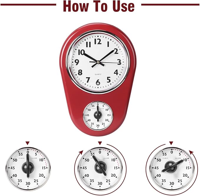 Retro Kitchen Timer Wall Clock, Vintage Wall Big Watch Hanging Clock Home Kitchen Timer Bell Shape Red for Indoor Living Room Decoration