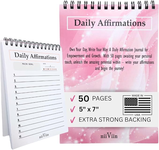 Daily Affirmations for Women - 50 Page Goals Journal, Write Your Own Positive Affirmations, Motivational Gifts for Women, 5"x7" Spiral Lined Pad, Pink, Black, White