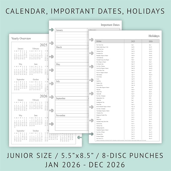 2026 Weekly & Monthly Planner Refill for 8-Discbound Planners, Two Pages Per Week, Junior Size, 5-1/2"x8-1/2"