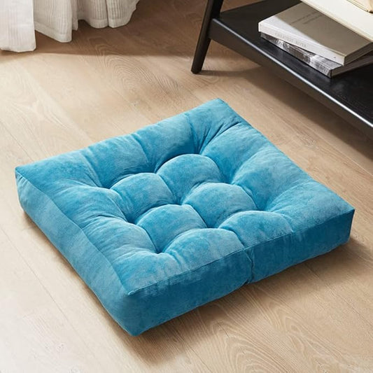 Degrees of Comfort Meditation Floor Pillow, Square Large Pillows Seating for Adults, Tufted Corduroy Thick Cushion for Living Room Tatami, Turquoise, 22x22 Inch
