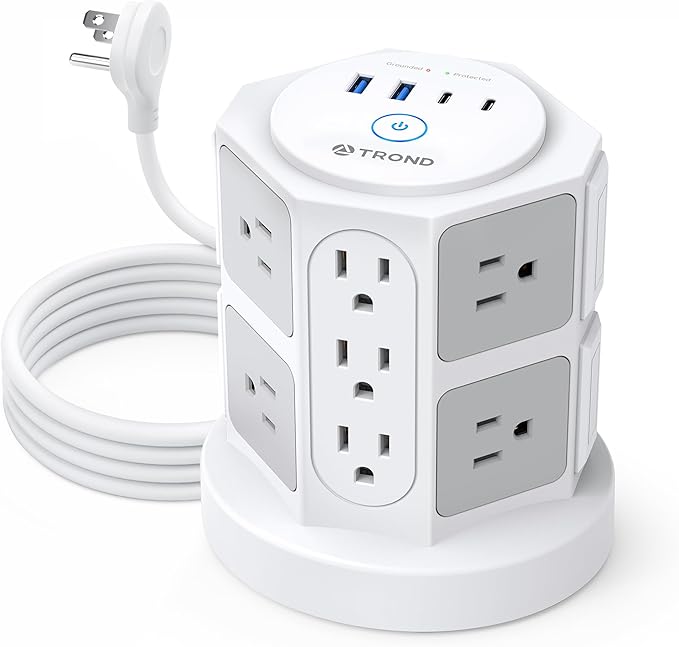 TROND Tower Surge Protector Power Strip with 14 Widely Spaced Outlets, 4 USB Ports(2 USB C), 2100J Surge Protection, 6 Feet Extension Cord with Multiple Outlets, Office Desk Supplies, Dorm Essentials