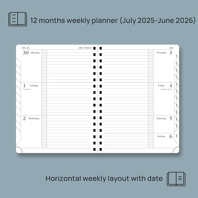POPRUN Planner 2025-2026, Horizontal Weekly Notebook Jul.25-Jun.26 (Medium 6.75''x 8.75''), Academic Calendar Book with Monthly Tabs, Spiral Soft Cover, Inner Pocket, 100 GSM - Midnight Green