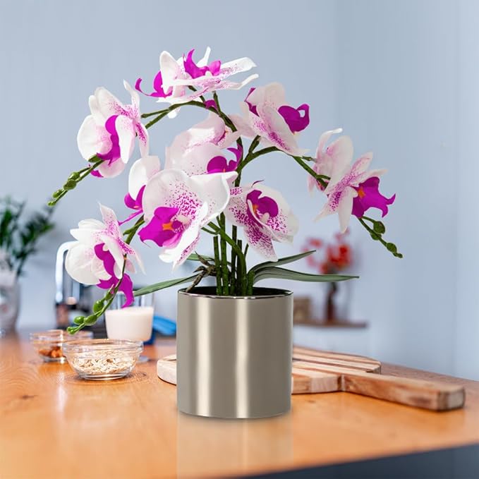LESING Artificial Orchid Flower with Vase Realistic Orchids Faux Flower Fake Orchid Bonsai Plants in Pot Arrangement for Home Wedding Party Dining Table Centerpiece Decor (White Purple,Silver Vase)