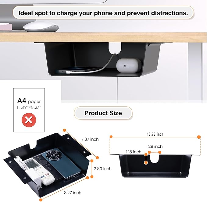 2 Pack Adhesive Under Desk Hanging Shelf Mount Drawer Organizer, Attachable Plastic Under Desk Storage Tray for Standing Desks, Tables, Workstations, Gaming, Cabinet, Increase Storage Space - Black